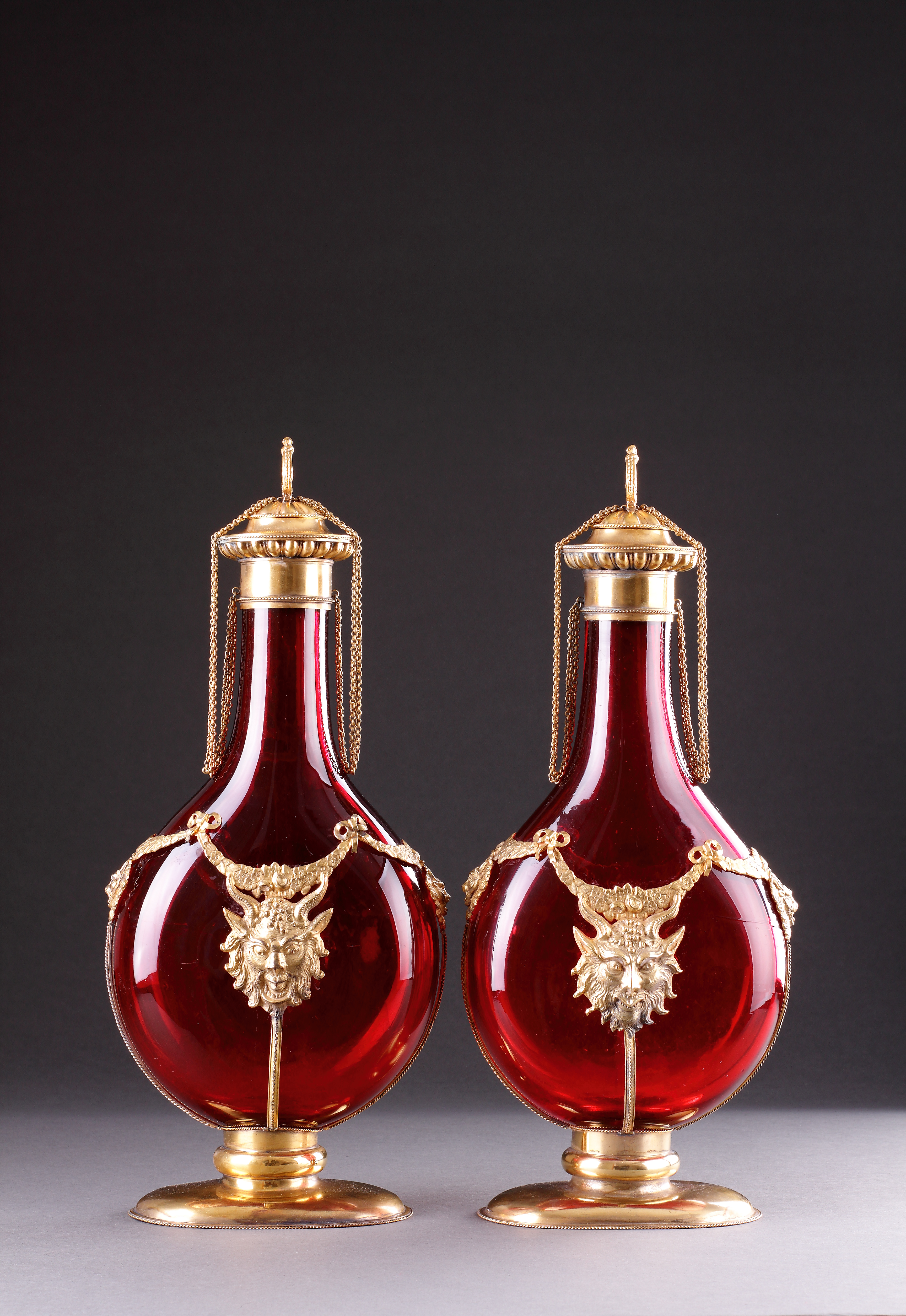 A Very Fine Pair Ormolu Mounted Ruby Glass Bottle Vases 